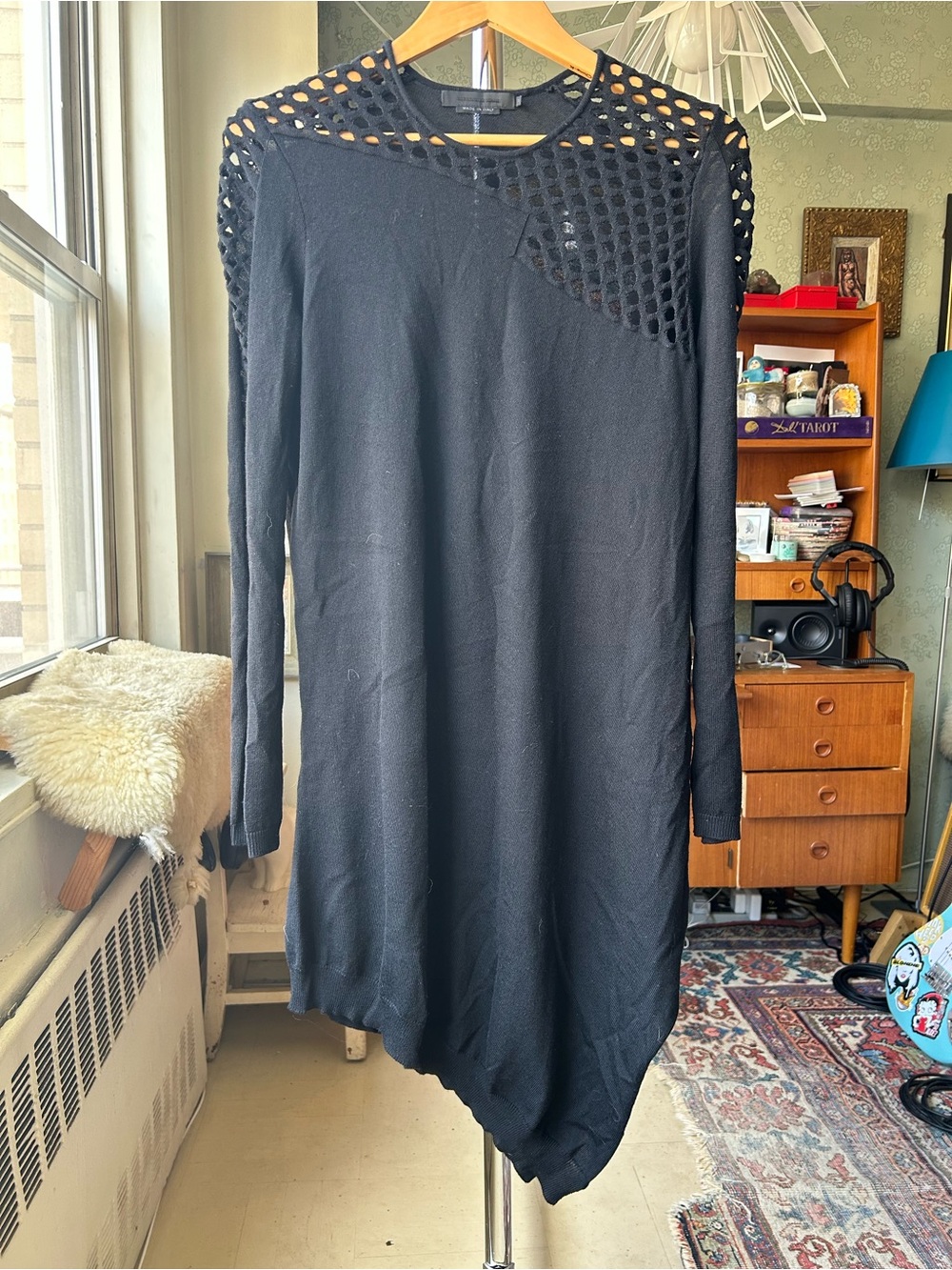 Alexander Wang Black Asymmetrical Long Sleeve Knit Dress with Mesh Yoke